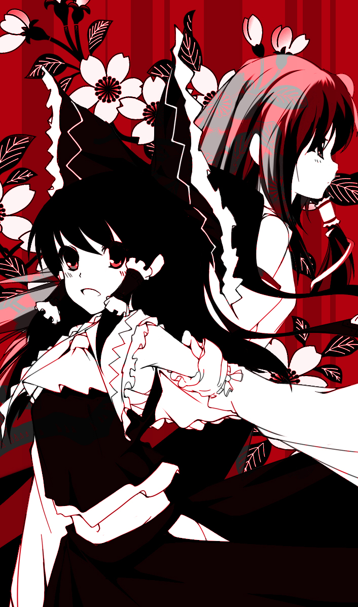 eskimofox, hakurei reimu, kochiya sanae, touhou, 2girls, bandages, bow, cherry blossoms, detached sleeves, dress, dual persona, female focus, flower, hair bow, hair ornament, hair ribbon, japanese clothes, leaf, long hair, midriff, miko, monochrome, multiple girls, navel, open mouth, profile, red background, red eyes, red theme, ribbon, sarashi