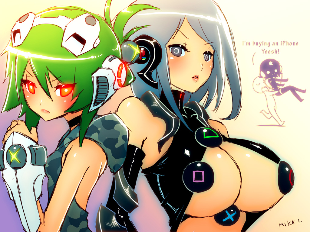mike inel, iphone-tan, ps3-tan, xbox 360-tan, microsoft, console, 2girls, :3, breasts, cleavage, english text, game console, green hair, grey eyes, grey hair, large breasts, multiple girls, personification, product girl, red eyes, red ring of death, text focus, xbox 360