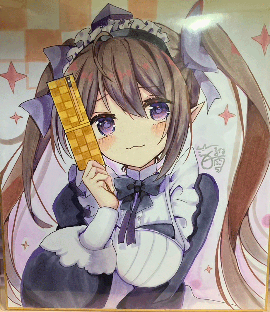 himekaidou hatate, touhou, commentary request, 1girl, :3, ahoge, apron, black bow, black bowtie, black dress, blush, bow, bowtie, breasts, brown hair, cellphone, checkered background, closed mouth, double-parted bangs, dress, flip phone, hair between eyes, hair bow, hat, holding, holding phone, hoshi tea party, large breasts, long hair, long sleeves, looking at viewer, maid, maid apron, maid headdress, orange background, phone, pointy ears, puffy long sleeves, puffy sleeves, purple bow, purple eyes, purple hat, raised inner eyebrows, shikishi, signature, smile, solo, sparkle, star (symbol), striped apron, striped clothes, tokin hat, twintails, upper body, vertical-striped apron, vertical-striped clothes, white background, white wrist cuffs, wrist cuffs