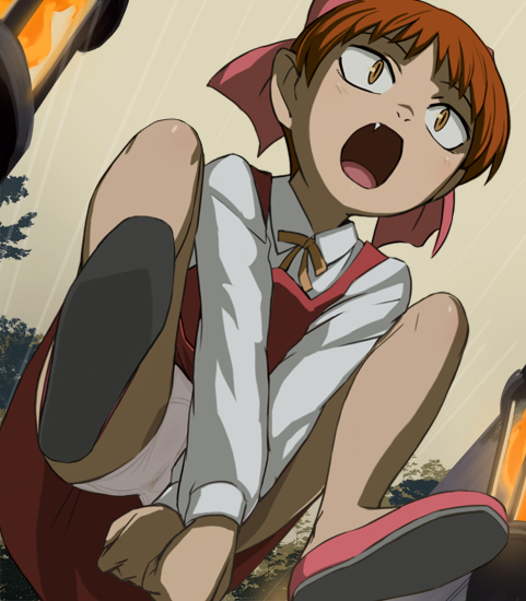 haruyama kazunori, nekomusume, gegege no kitarou, toei company, 1girl, brown eyes, female focus, from below, loli, panties, pantyshot, red hair, short hair, skirt, solo, underwear, upskirt, white panties