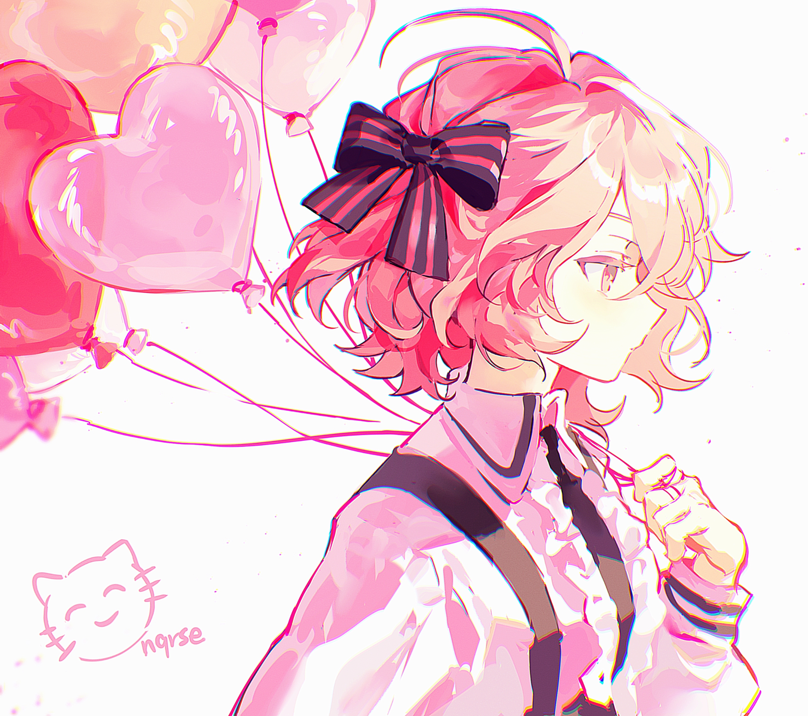 hanaseto, nqrse, indie utaite, highres, 1girl, ahoge, balloon, bow, breasts, closed mouth, frilled shirt, frills, hair bow, heart balloon, holding, holding balloon, nqrse no neko, pink eyes, pink hair, profile, shirt, short hair, small breasts, solo, suspenders, utaite, white background