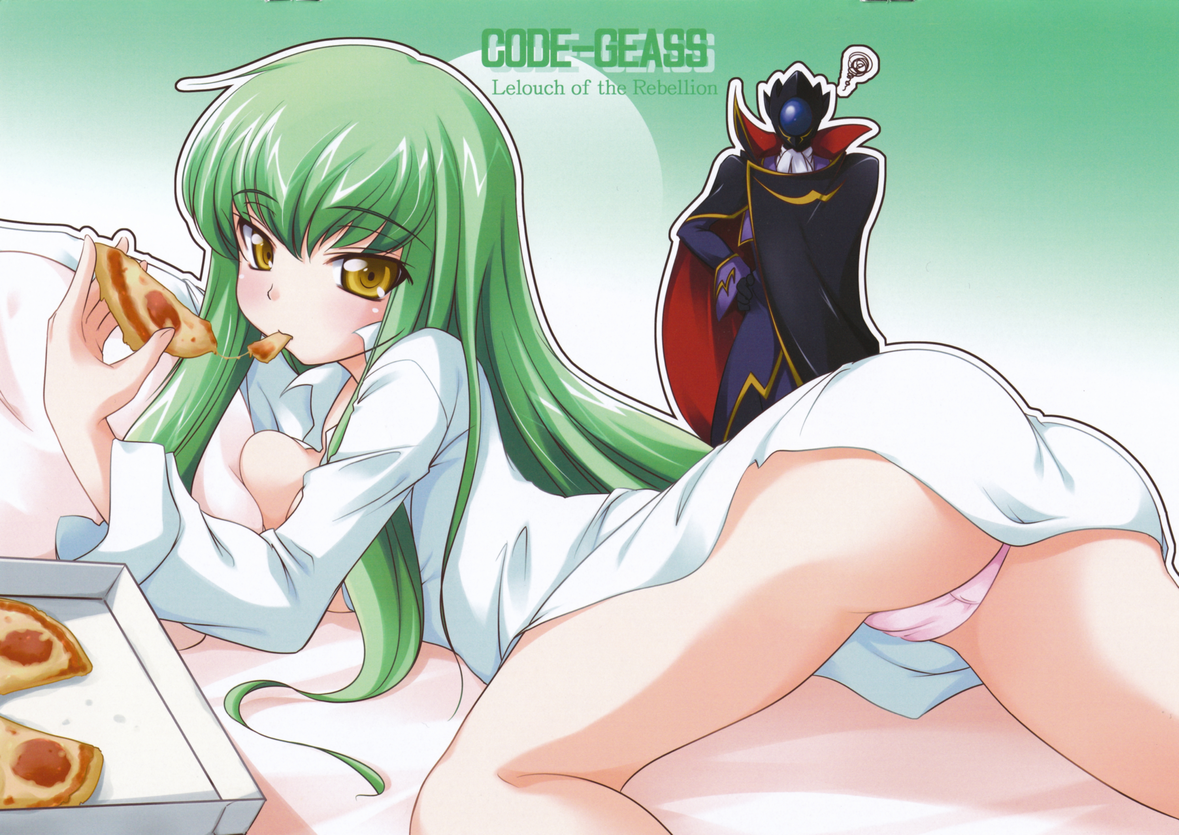 inugahora an, c.c., zero (code geass), code geass, absurdres, highres, 00s, 1boy, 1girl, ass, breasts, cleavage, food, green hair, long hair, medium breasts, no pants, panties, pepperoni, pepperoni pizza, pillow, pizza, shirt, underwear, yellow eyes