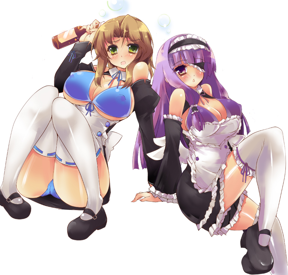 akikaze tsumuji, futaba riho, mari (dream c club), dream c club, dream c club (series), 2girls, apron, blue panties, blush, bottle, breasts, brown hair, cleavage, covered erect nipples, detached sleeves, eyepatch, green eyes, hostess, huge breasts, long hair, maid, maid apron, multiple girls, open mouth, panties, pantyshot, purple eyes, purple hair, short hair, sitting, thighhighs, underboob, underwear, white thighhighs, zettai ryouiki