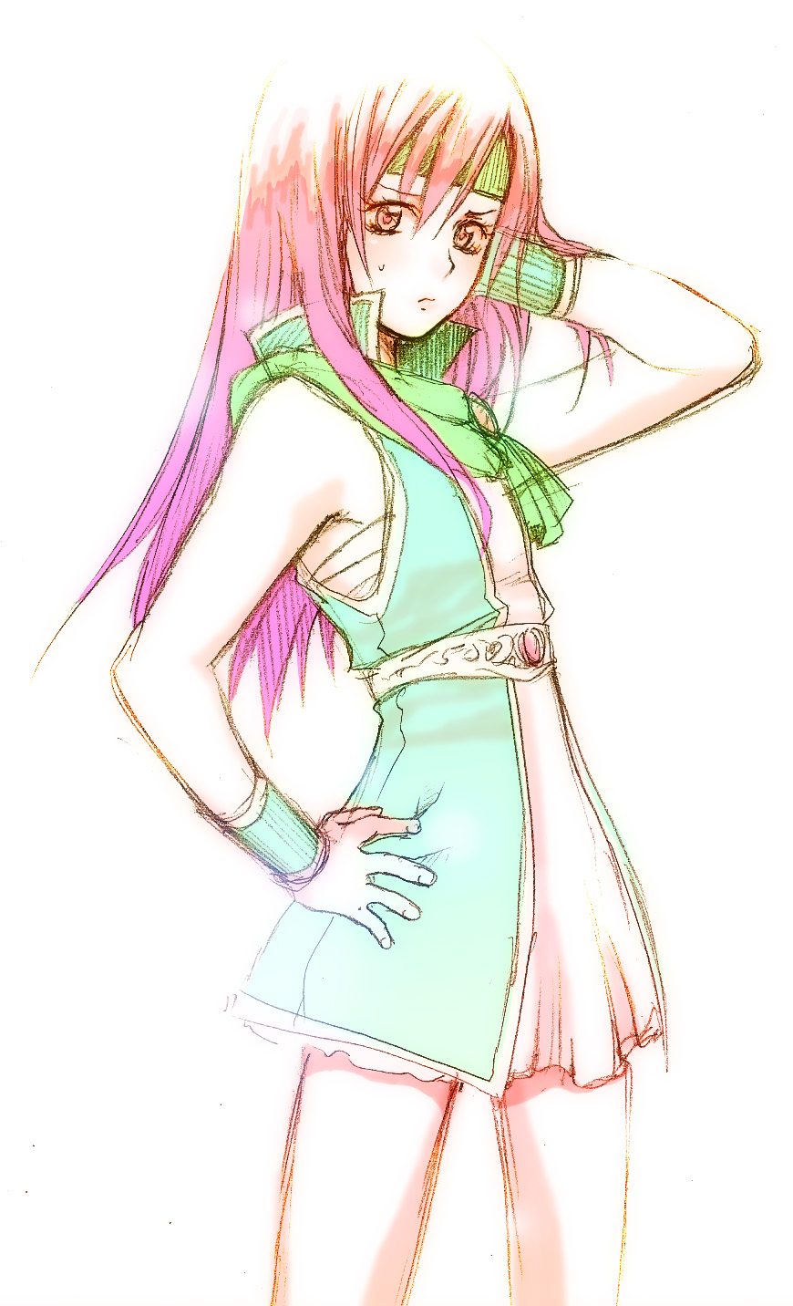 meiji rococo, faris scherwiz, final fantasy, final fantasy v, gender request, highres, 1990s (style), androgynous, belt, breast bind, dress, headband, long hair, purple eyes, purple hair, reverse trap, scarf, solo