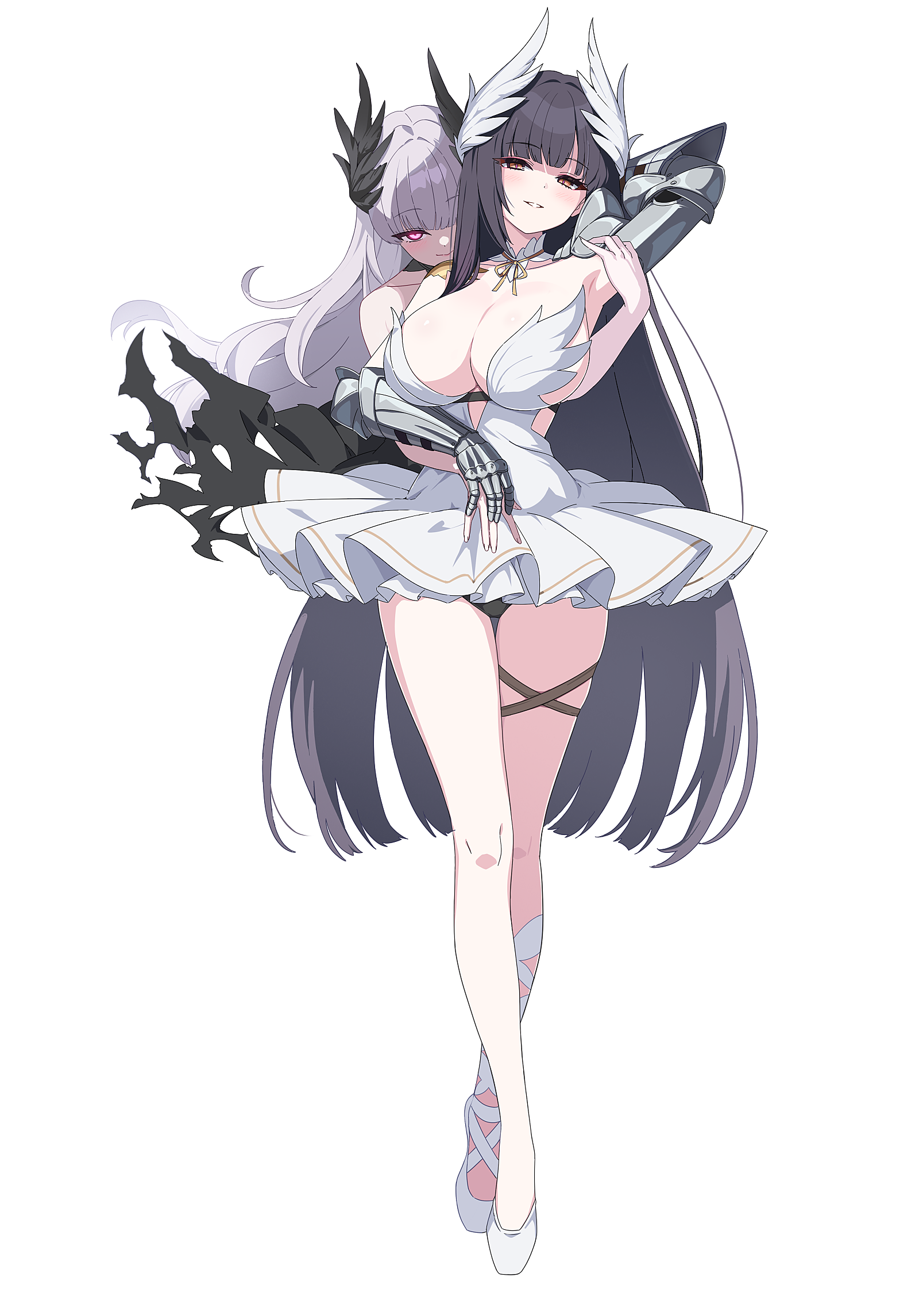 lost sword: tales of britania, game cg, highres, official art, third-party source, 2girls, arm behind head, armpit crease, armpits, asymmetrical legwear, ballerina, ballet slippers, behind another, black dress, black feathers, black hair, black swan (lost sword), blunt bangs, breasts, center opening, cleavage, collar, criss-cross straps, crossed legs, detached sleeves, dot nose, dress, eyebrows hidden by hair, feathered wings, feathers, floating hair, gauntlets, grabbing from behind, grey armor, hair ornament, hand on another's hand, large breasts, light smile, lohengrin (lost sword), long hair, multiple girls, ornamental wings, pink eyes, ribbon, siblings, sideboob, sisters, skindentation, standing, straight hair, thigh strap, torn clothes, torn dress, transparent background, tutu, watson cross, white collar, white dress, white feathers, white hair, wings, yellow eyes, yellow ribbon