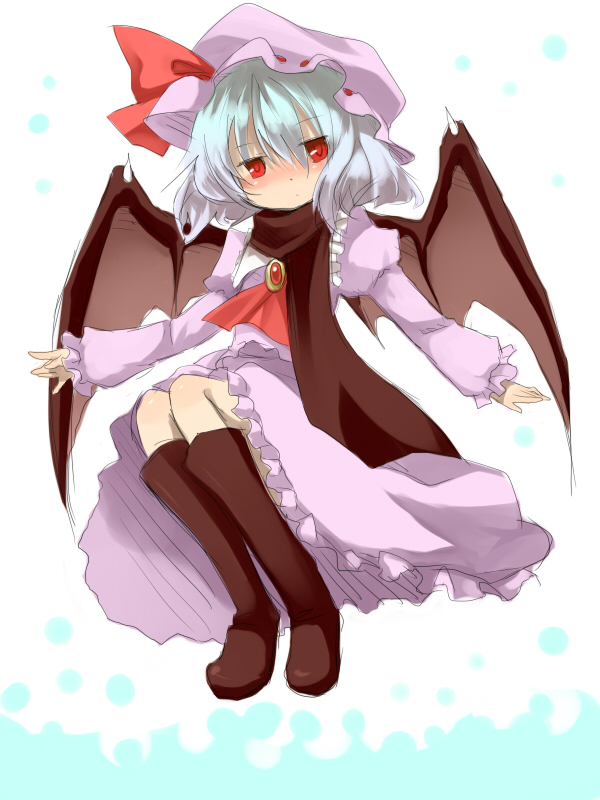 mikan (ama no hakoniwa), remilia scarlet, touhou, 1girl, bat wings, blue hair, boots, expressionless, female focus, hat, red eyes, scarf, short hair, solo, wings