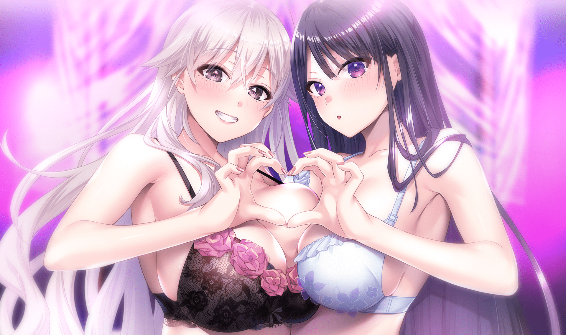 bekotarou, original, highres, 2girls, :o, bare arms, black bra, black hair, blurry, blurry background, blush, bra, breast press, breasts, collarbone, crossed bangs, grin, hair between eyes, heart, heart hands, large breasts, lingerie, long hair, looking at viewer, multiple girls, open mouth, purple eyes, sidelocks, smile, symmetrical docking, teeth, underwear, underwear only, upper body, very long hair, white background, white bra