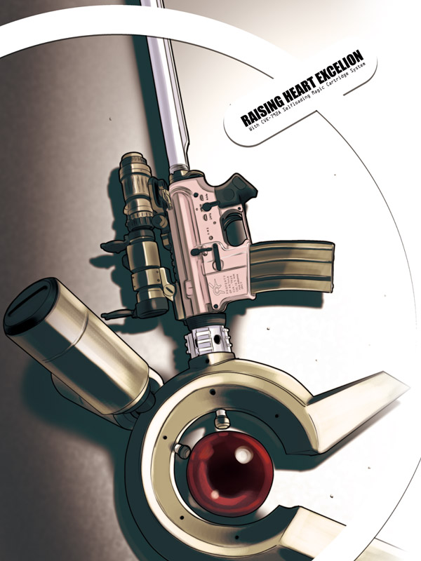 excel (gewalt), raising heart, raising heart (accel mode), lyrical nanoha, mahou shoujo lyrical nanoha, mahou shoujo lyrical nanoha a's, 00s, character name, english text, from above, gem, gradient background, no humans, orb, staff, weapon, weapon focus