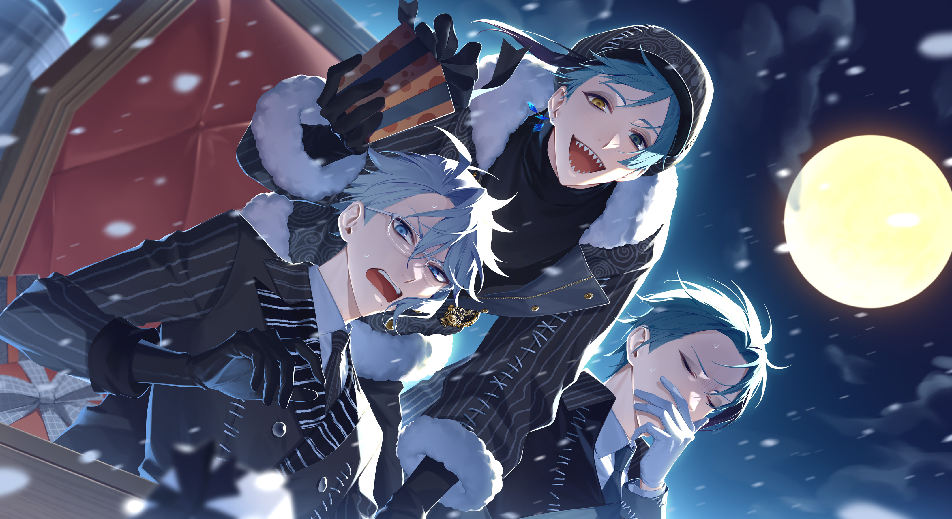 13 (bbr584607091), azul ashengrotto, azul ashengrotto (nightmare suit), floyd leech, floyd leech (nightmare courier), jade leech, jade leech (nightmare suit), twisted wonderland, absurdres, commentary, highres, symbol-only commentary, 3boys, black gloves, black hair, black hat, black suit, blue eyes, blue hair, blurry, blurry foreground, closed eyes, cloud, cloudy sky, cooking, formal clothes, full moon, fur-trimmed jacket, fur trim, gift, glasses, gloves, green eyes, grey hair, hat, heterochromia, holding, holding gift, jacket, looking at viewer, lost in the book with tim burton's the nightmare before christmas, male focus, moon, multicolored hair, multiple boys, night, night sky, open mouth, pinstripe pattern, pinstripe suit, sharp teeth, short hair, sky, smile, snow, streaked hair, suit, surprised, teeth, upper body, upper teeth only, white gloves, yellow eyes