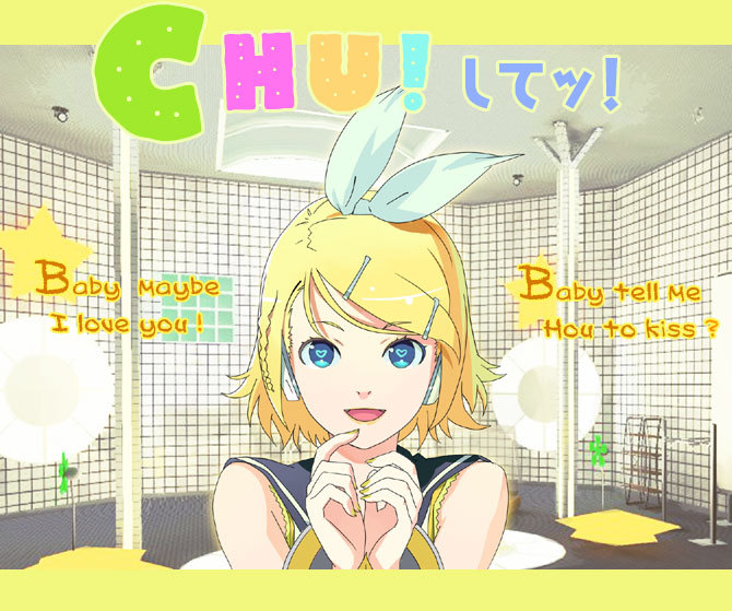 119, 1ten, kagamine rin, chu! shite! (vocaloid), vocaloid, bad id, bad piapro id, 1girl, aqua eyes, blonde hair, english text, engrish text, female focus, hair ornament, hair ribbon, hairclip, heart, heart-shaped pupils, ranguage, ribbon, short hair, smile, solo, symbol-shaped pupils