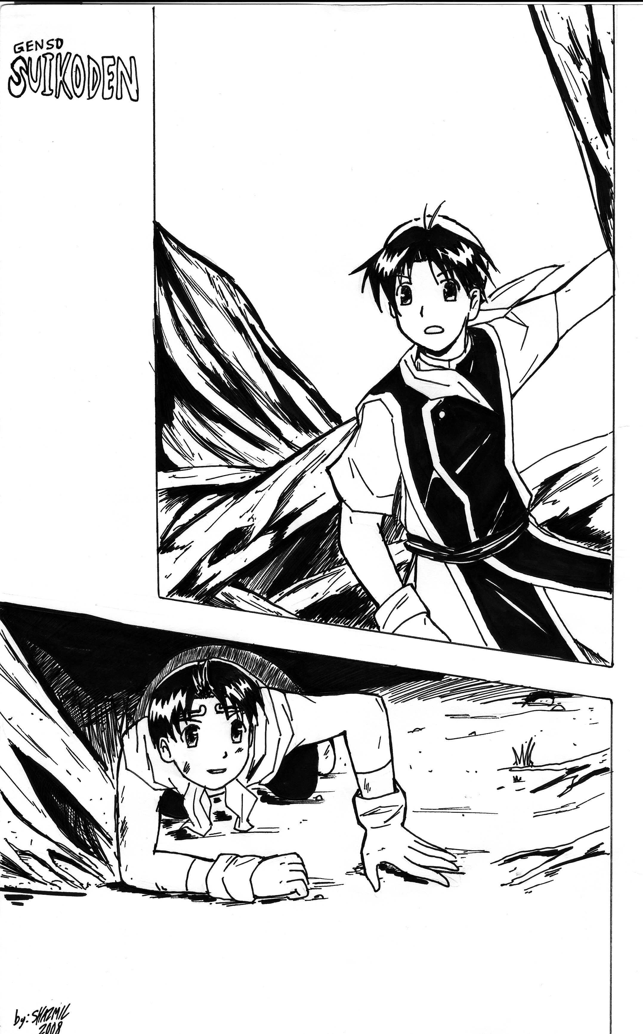 riou (suikoden), tir mcdohl, gensou suikoden, gensou suikoden i, gensou suikoden ii, absurdres, highres, 2boys, greyscale, monochrome, multiple boys