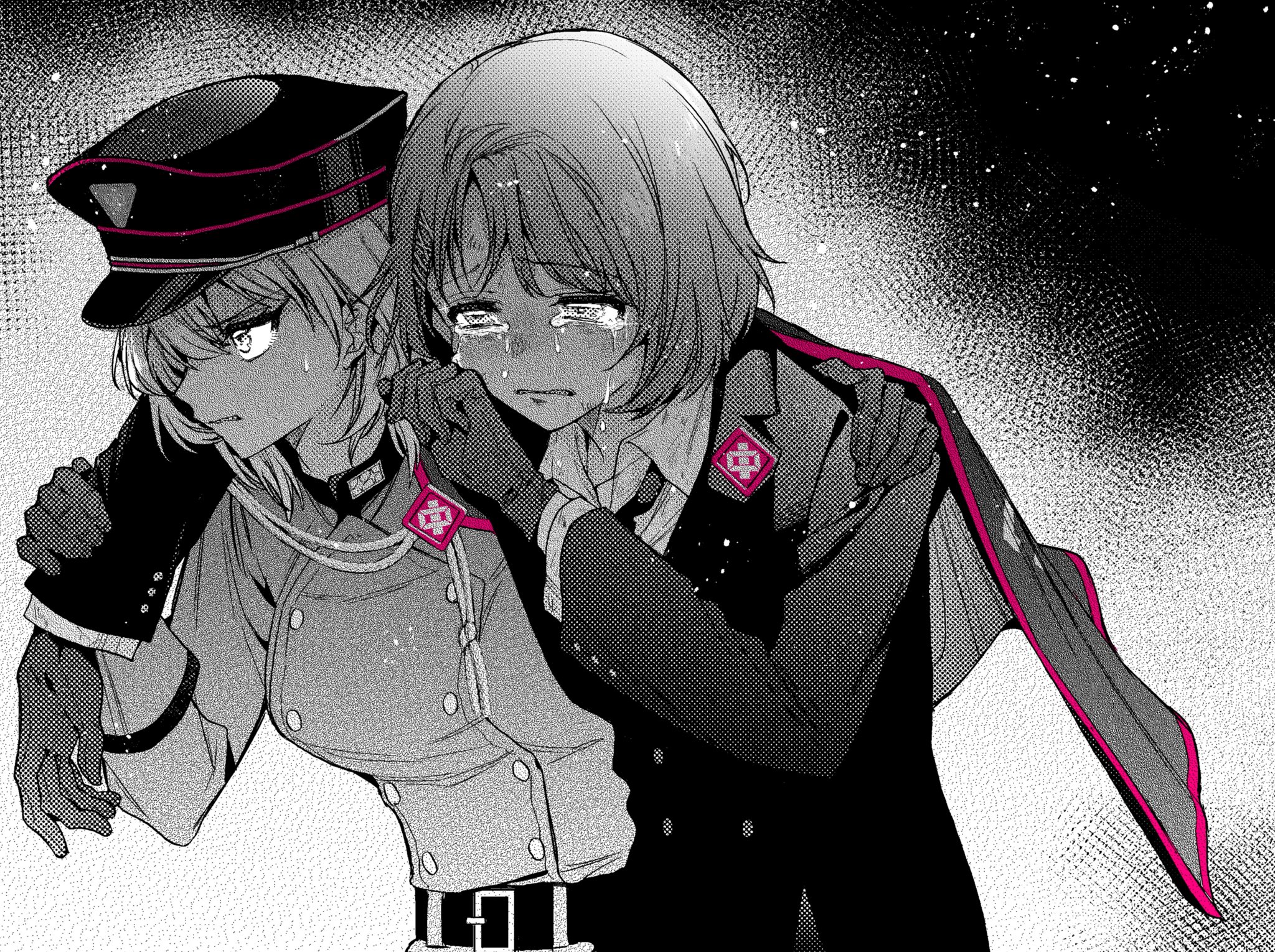 kawauchi (bsyesterday), aohitsugi nemu, hypnosis mic, hypnosis mic: rule the stage, highres, 2girls, aiguillette, amatsumi inori, arm around shoulder, asymmetrical bangs, belted coat, bob cut, breasts, bruise, bruise on face, buttons, coat, collared shirt, crying, crying with eyes open, dirty, dirty clothes, double-breasted, furrowed brow, gloves, grabbing another's arm, greyscale, hair behind ear, hair between eyes, hair ornament, hairpin, half-closed eyes, halftone, hand on another's shoulder, hand up, hat, injury, jacket, kotonohatoh uniform, lapel pin, lapels, leaning on person, long sleeves, looking ahead, looking to the side, loose necktie, medium breasts, monochrome, multiple girls, multiple hairpins, necktie, notched lapels, peaked cap, peanut mouth, pink trim, profile, raised inner eyebrows, shared cape, shared clothes, shirt, short hair, small breasts, small sweatdrop, spot color, suit jacket, swept bangs, tears, upper body, white background, wiping tears