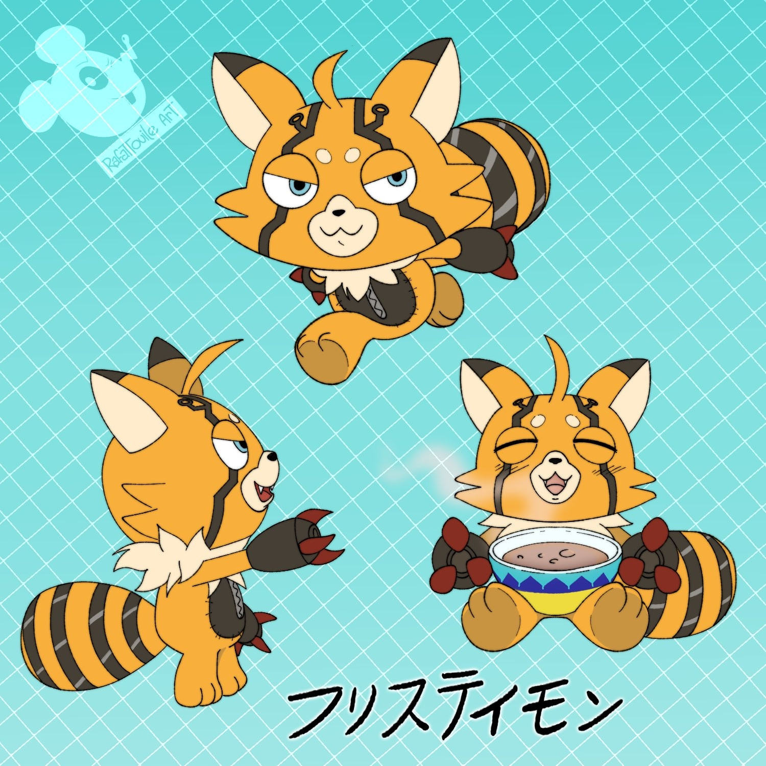 pristimon, digimon, blue eyes, claws, digimon (creature), looking at viewer, rafattouille art, sitting, tea