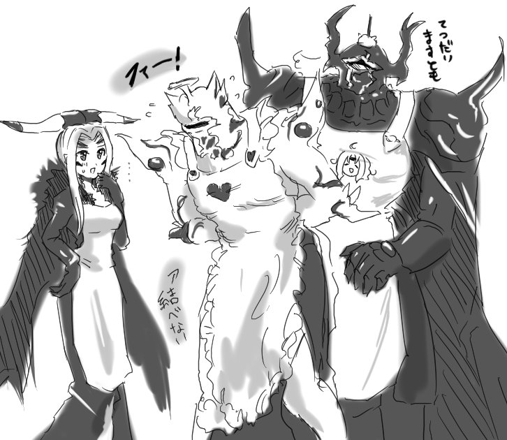 minnku, exdeath, golbez, ultimecia, dissidia final fantasy, final fantasy, final fantasy iv, final fantasy v, final fantasy viii, 1990s (style), apron, armor, headdress, helmet, long hair, monochrome