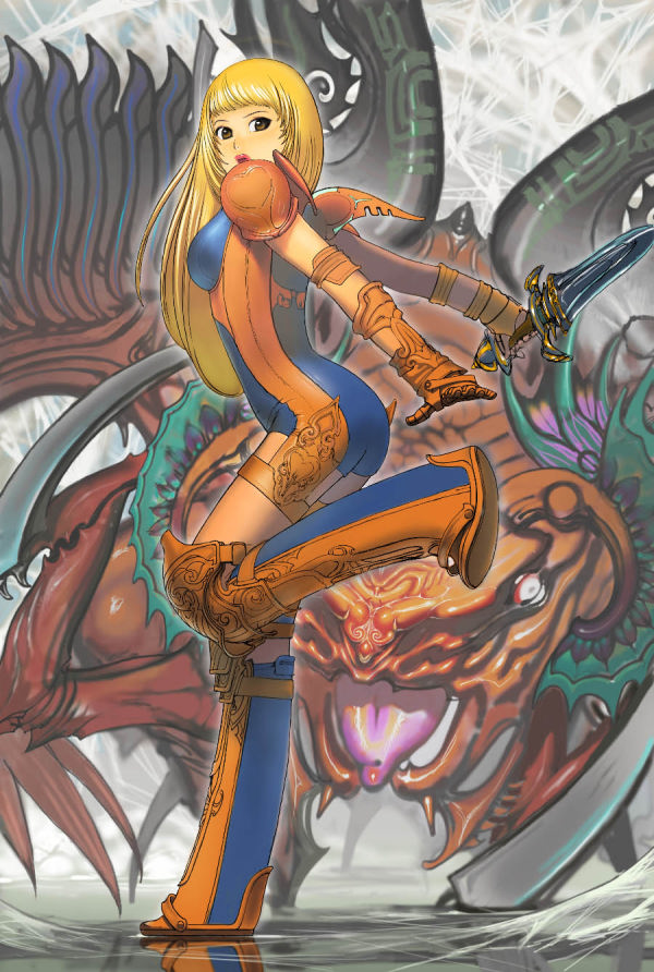 koutiku, penelo, final fantasy, final fantasy xii, 00s, alternate hairstyle, armor, ass, blonde hair, boots, brown eyes, dagger, full body, gloves, kneehighs, knife, leather armor, long hair, looking back, romper, skin tight, socks, weapon