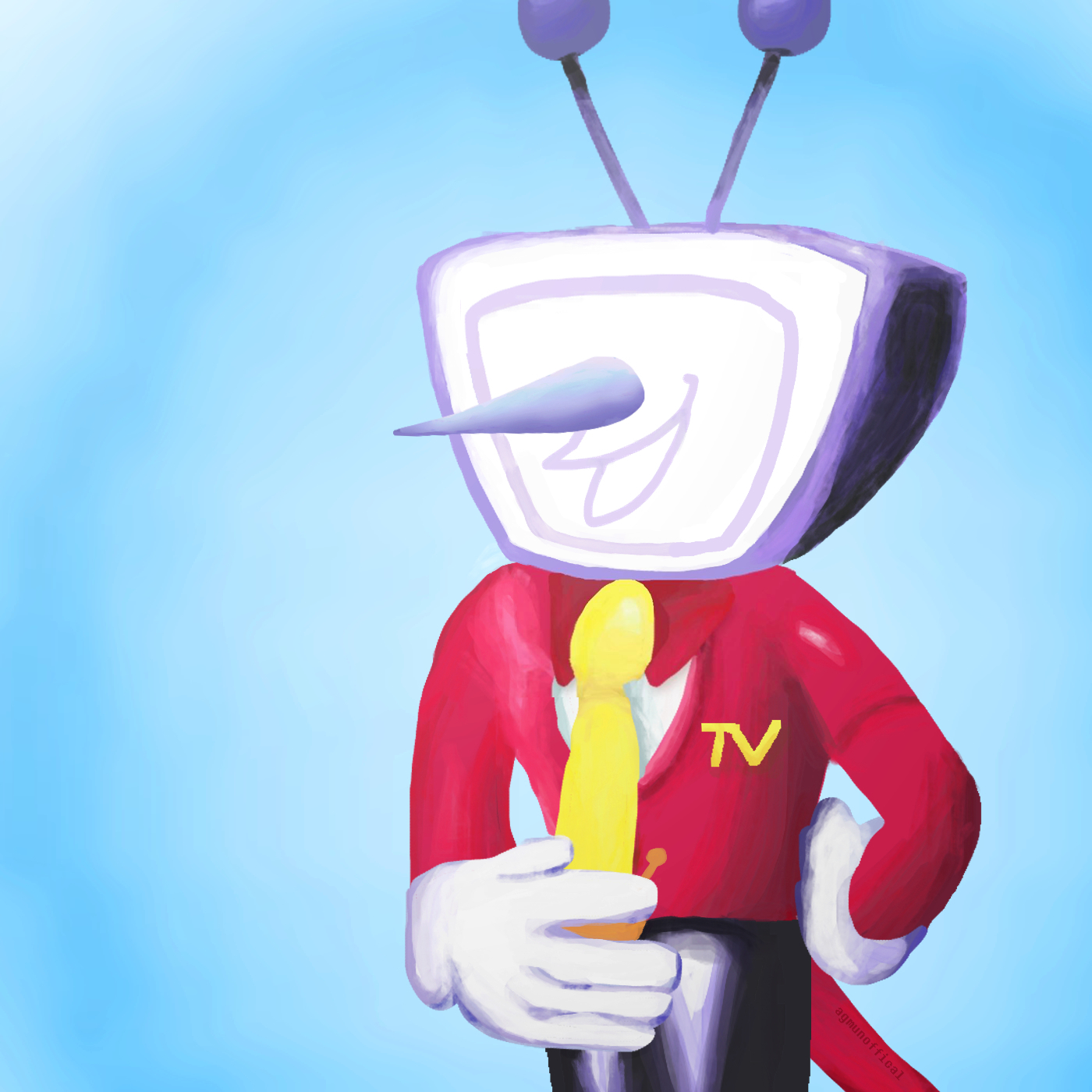 ant tenna, deltarune, utdr (toby fox), highres, 1boy, blazer, blue sky, coat, crt, gloves, jacket, male focus, necktie, radio antenna, red jacket, sky, television, white gloves, yellow necktie