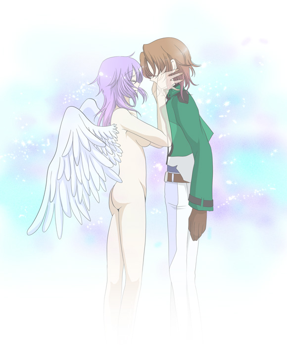 kinagi rea, anew returner, lockon stratos, lyle dylandy, gundam, gundam 00, bad id, bad pixiv id, spoilers, 00s, 1boy, 1girl, angel wings, ass, breasts, closed eyes, innovators (gundam 00), military, military uniform, nude, purple hair, sideboob, transparent, wings