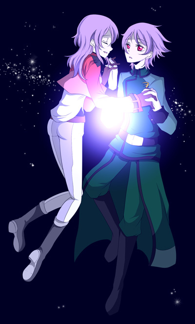 kinagi rea, anew returner, revive revival, gundam, gundam 00, 00s, boots, closed eyes, gloves, holding hands, innovators (gundam 00), military, military uniform, purple hair, red eyes, space