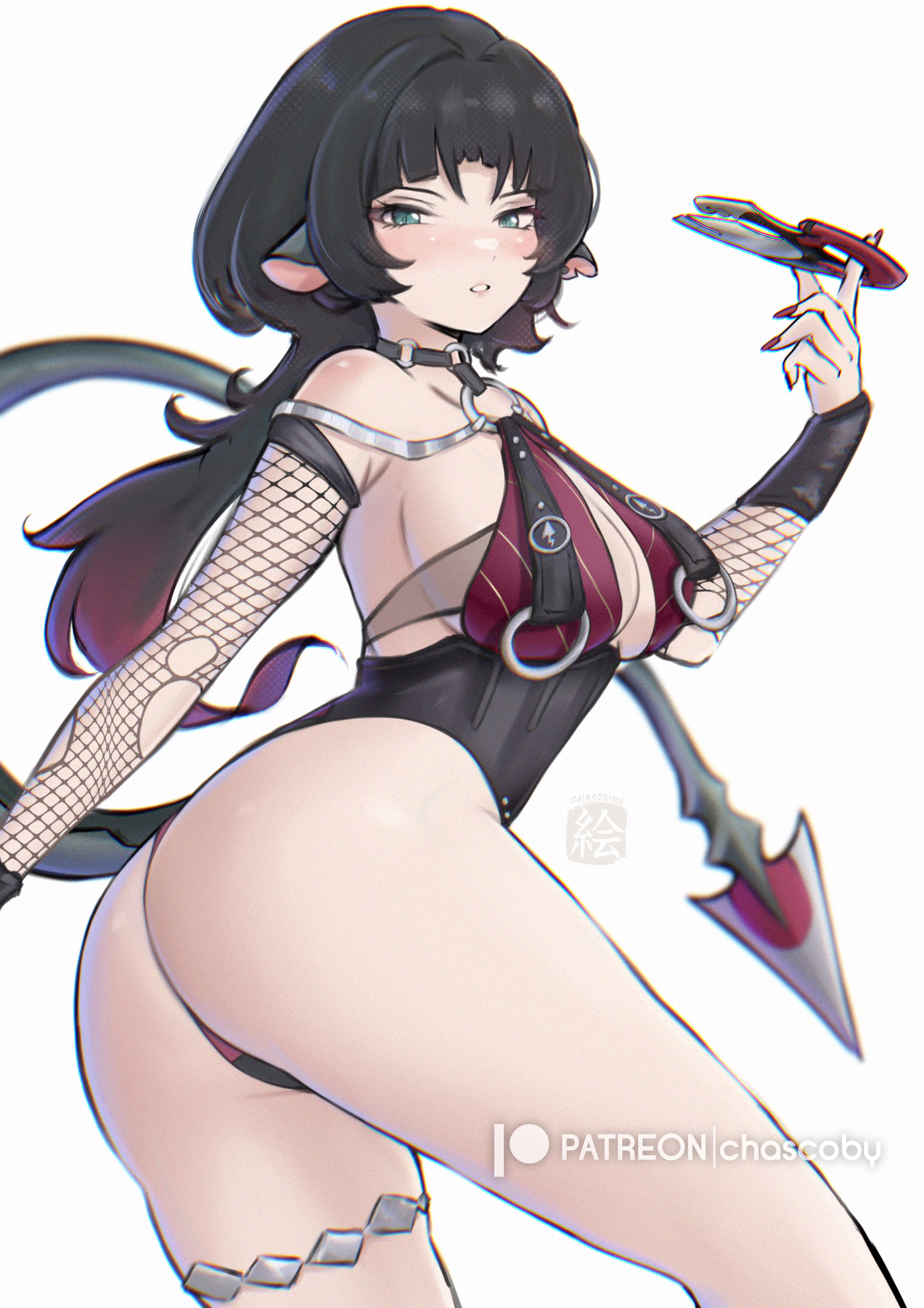 chascoby, jane doe (nocturne of light) (zenless zone zero), jane doe (zenless zone zero), zenless zone zero, absurdres, commentary, highres, 1girl, animal ears, ass, black hair, black one-piece swimsuit, breasts, fishnet sleeves, fishnets, from side, green eyes, holding, holding weapon, large breasts, long hair, looking at viewer, mouse ears, mouse girl, mouse tail, multicolored hair, official alternate costume, one-piece swimsuit, patreon username, red hair, simple background, solo, swimsuit, tail, two-tone hair, very long hair, weapon, white background