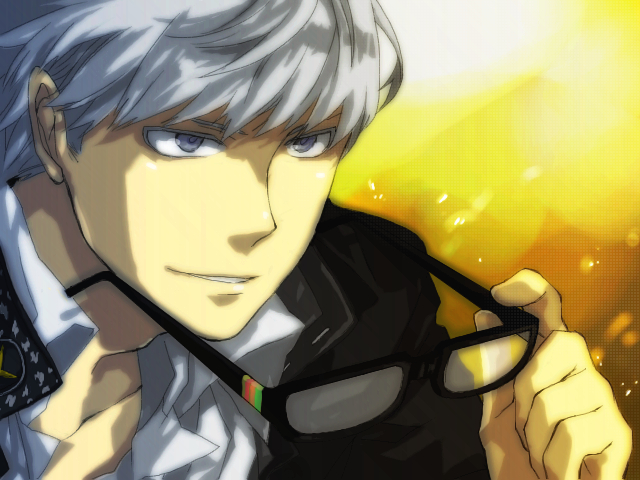 hika (amane222), narukami yu, atlus, persona, persona 4, bad id, bad pixiv id, 1boy, glasses, grey hair, male focus, school uniform, solo