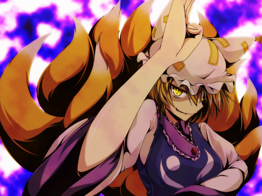 cofi (eternal), eternal, yakumo ran, touhou, 1girl, animal ears, blonde hair, fang, female focus, fox ears, fox tail, hat, multiple tails, short hair, solo, tail, yellow eyes
