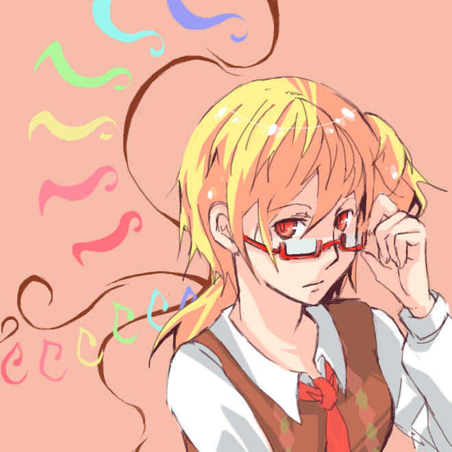 telie, flandre scarlet, touhou, bad id, bad pixiv id, 1girl, adjusting eyewear, aged up, bespectacled, blonde hair, female focus, glasses, long hair, necktie, red eyes, side ponytail, solo, upper body, wings
