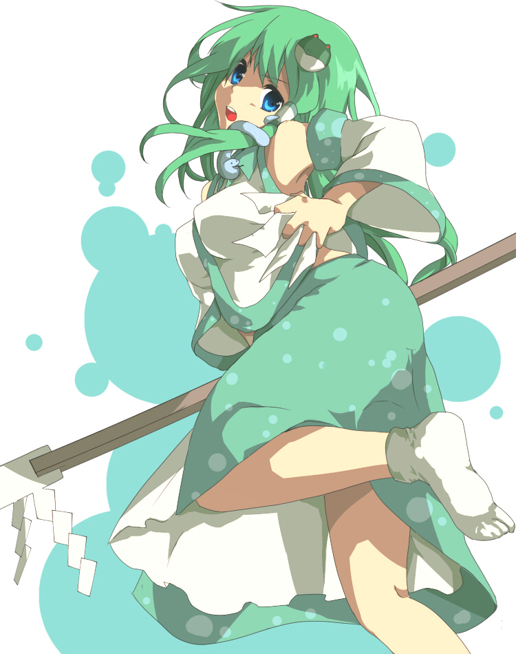 asagi-so, kochiya sanae, touhou, bad id, bad pixiv id, 1girl, blue eyes, detached sleeves, female focus, frog, gohei, green eyes, hair ornament, japanese clothes, long hair, miko, oonusa, snake, solo, tabi