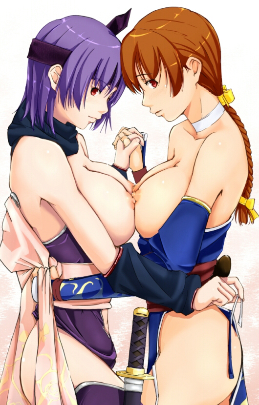 hawoku ishibare, ayane (doa), kasumi (doa), dead or alive, ninja gaiden, ninja gaiden sigma 2, tecmo, bad id, bad pixiv id, 2girls, braid, breast press, breasts, brown eyes, brown hair, incest, katana, large breasts, long hair, multiple girls, nipples, nipples touching, puffy nipples, purple hair, red eyes, short hair, siblings, sisters, sword, symmetrical docking, weapon, yuri