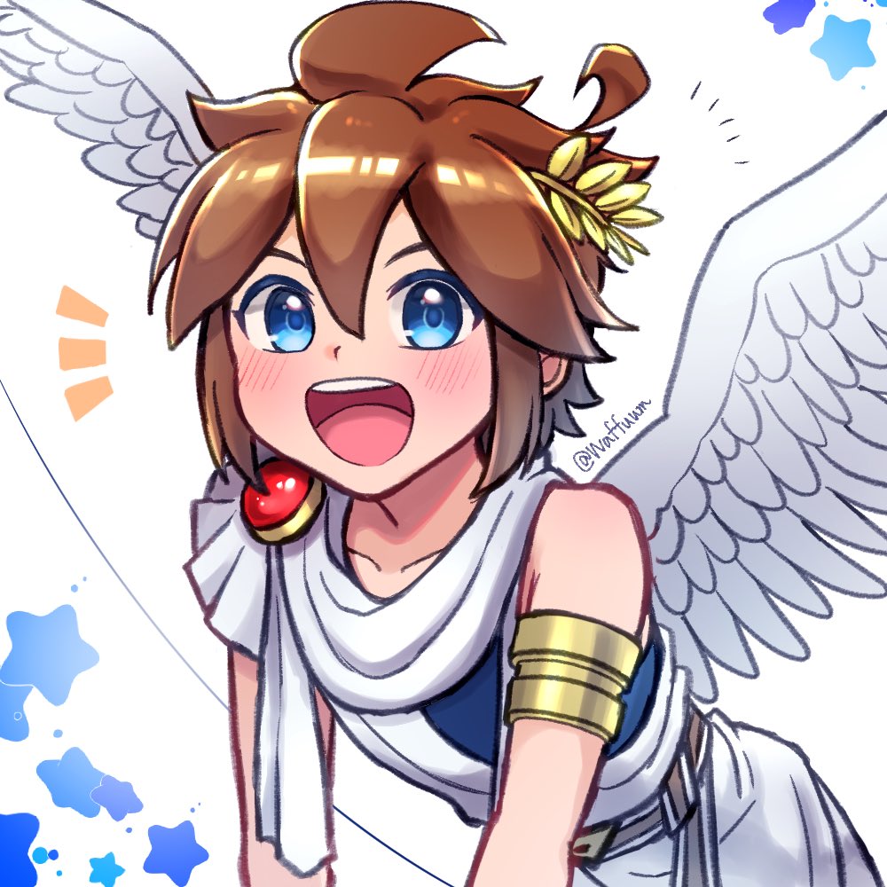 waffuum, pit (kid icarus), kid icarus, kid icarus uprising, nintendo, gold armlet, commentary, 1boy, :d, ahoge, ancient greek clothes, angel, angel wings, armlet, artist name, blue background, blue eyes, brown hair, collarbone, feathered wings, greco-roman clothes, hair between eyes, jewelry, laurel crown, leaning forward, male focus, open mouth, scarf, short hair, sidelocks, single bare shoulder, smile, solo, spiked hair, star (symbol), star symbol background, twitter username, v-shaped eyebrows, white scarf, white wings, wings