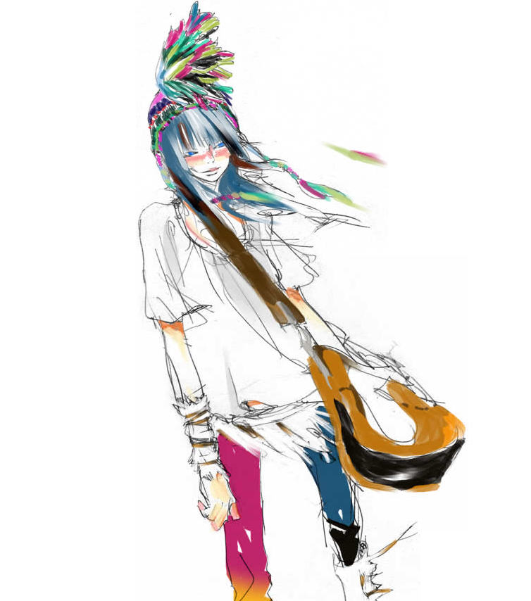 tagme, bag, blue eyes, blue hair, hat, smile, solo