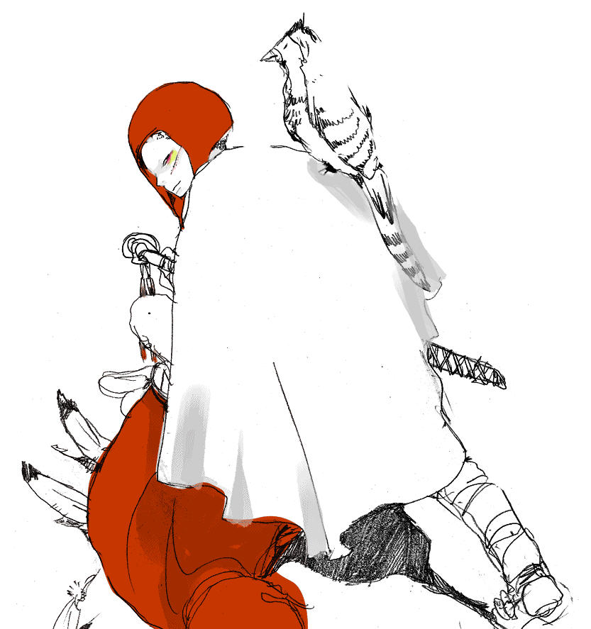 gender request, androgynous, bird, katana, raincoat, red hair, solo, sword, weapon