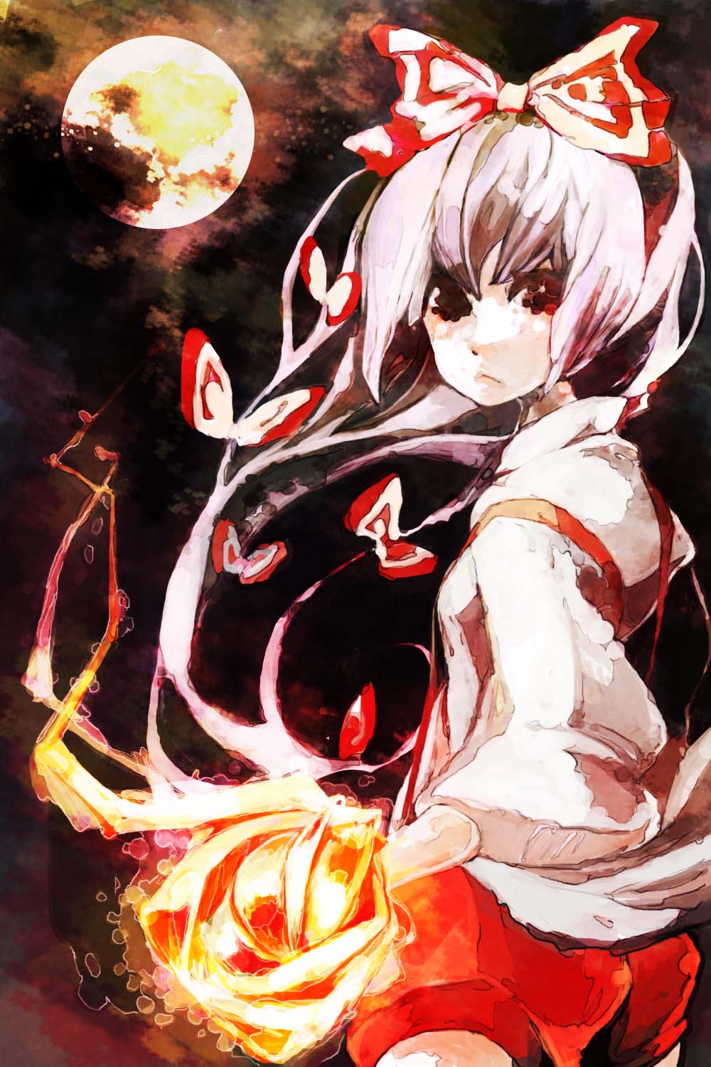 jiji (getagura), fujiwara no mokou, touhou, silver hair, bad id, bad pixiv id, highres, 1girl, bow, dark, female focus, fire, full moon, hair bow, hair ribbon, long hair, moon, multiple hair bows, outdoors, red eyes, ribbon, shirt, shorts, sky, solo, suspenders, white shirt