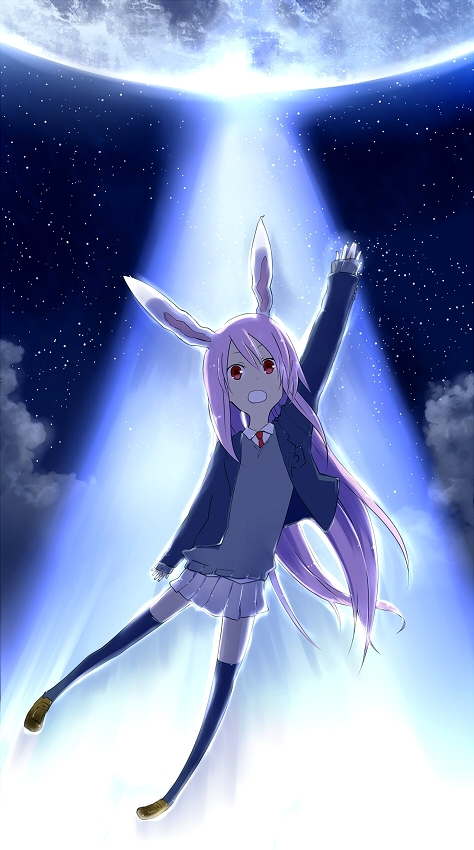 yuu (yu1you2iu3), reisen udongein inaba, touhou, bad id, bad pixiv id, 1girl, animal ears, black thighhighs, bow, cloud, female focus, full body, full moon, glowing, hair bow, jacket, legs, long hair, moon, necktie, night, open mouth, outdoors, outstretched hand, purple hair, rabbit ears, red eyes, shirt, shoes, skirt, sky, solo, thighhighs, white shirt