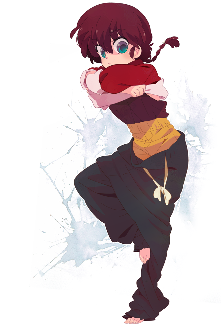 apple-boy, ranma-chan, saotome ranma, ranma 1/2, 1girl, barefoot, blue eyes, braid, braided ponytail, chinese clothes, feet, female focus, full body, genderswap, genderswap (mtf), male underwear, ponytail, red hair, single braid, solo, underwear, undressing