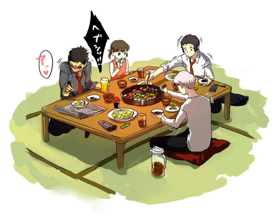 koredemoka, serori (koredemoka), adachi tooru, doujima nanako, doujima ryoutarou, narukami yu, atlus, persona, persona 4, 1girl, 3boys, alcohol, beer, bowl, chopsticks, controller, dinner, eating, food, glass, heart, multiple boys, necktie, plate, remote control, sitting, soy sauce, spoken heart, sushi, table