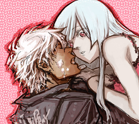 phosporus, k' (kof), kula diamond, snk, the king of fighters, bad id, bad pixiv id, lowres, 1boy, 1girl, couple, face-to-face, imminent kiss, interracial, jacket, leather, leather jacket, rejected kiss, white hair