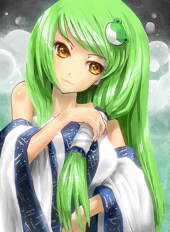 retei, kochiya sanae, touhou, 1girl, adjusting hair, bare shoulders, bow, detached sleeves, female focus, frog, green hair, hair bow, hair ornament, japanese clothes, long hair, miko, smile, solo, wide sleeves, yellow eyes