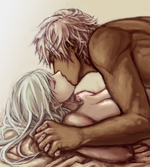 phosporus, k' (kof), kula diamond, snk, the king of fighters, bad id, bad pixiv id, 1boy, 1girl, closed eyes, completely nude, couple, dark-skinned male, dark skin, happy sex, hetero, holding hands, interlocked fingers, interracial, kiss, lying, male face, nude, white hair