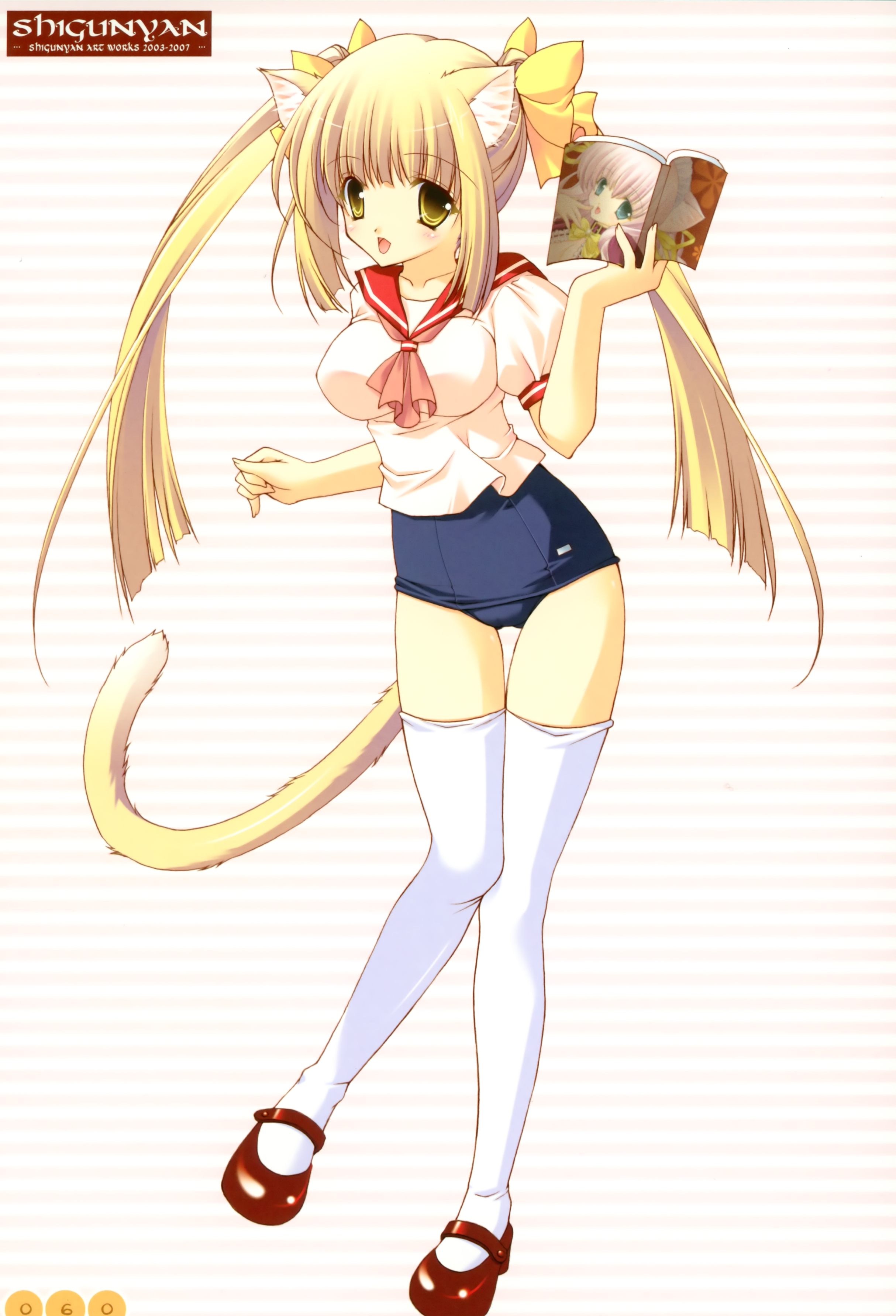 shigunyan, absurdres, highres, animal ears, blonde hair, book, cat ears, cat tail, long hair, no pants, one-piece swimsuit, school swimsuit, solo, swimsuit, swimsuit under clothes, tail, thigh gap, thighhighs, thighs, twintails, white thighhighs, yellow eyes