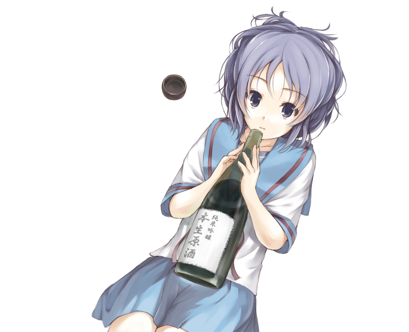mitsukimi, nagato yuki, suzumiya haruhi no yuuutsu, 00s, bottle, purple eyes, purple hair, school uniform, serafuku, short hair, solo