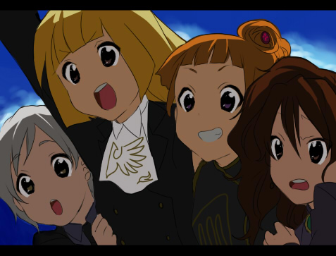 elina kuroe no daarin, ushiromiya eva, ushiromiya kyrie, ushiromiya natsuhi, ushiromiya rosa, k-on!, umineko no naku koro ni, bad id, bad pixiv id, lowres, blunt bangs, hime cut, parody