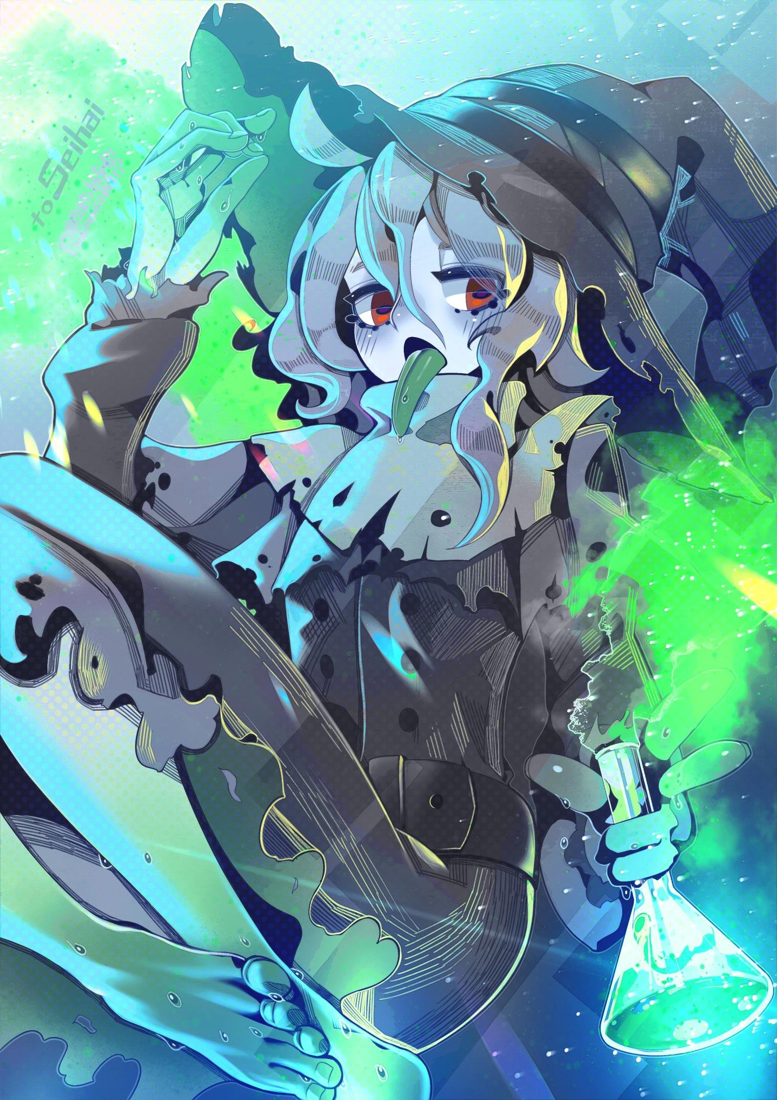 remy (seihai), artist request, tagme, 1girl, colored tongue, green tongue, hat, long tongue, tongue, tongue out