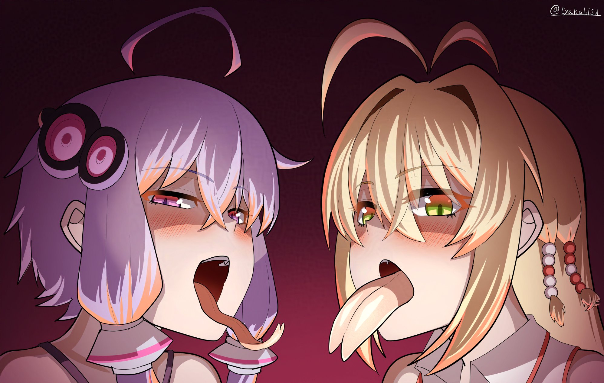 chakabis, tsurumaki maki, yuzuki yukari, tagme, 2girls, forked tongue, long tongue, multiple girls, open mouth, tongue, tongue out