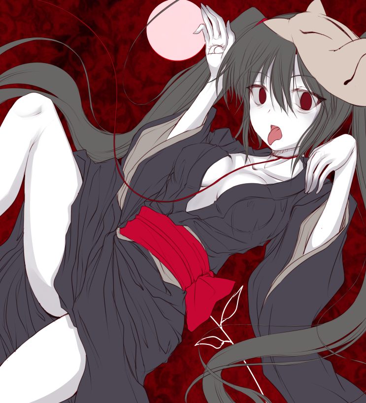 shimo (depthbomb), hatsune miku, musunde hiraite rasetsu to mukuro (vocaloid), vocaloid, bad id, bad pixiv id, unfinished, 1girl, black hair, breasts, cleavage, female focus, fox mask, japanese clothes, kimono, mask, medium breasts, pale skin, red eyes, sketch, solo, tongue, twintails
