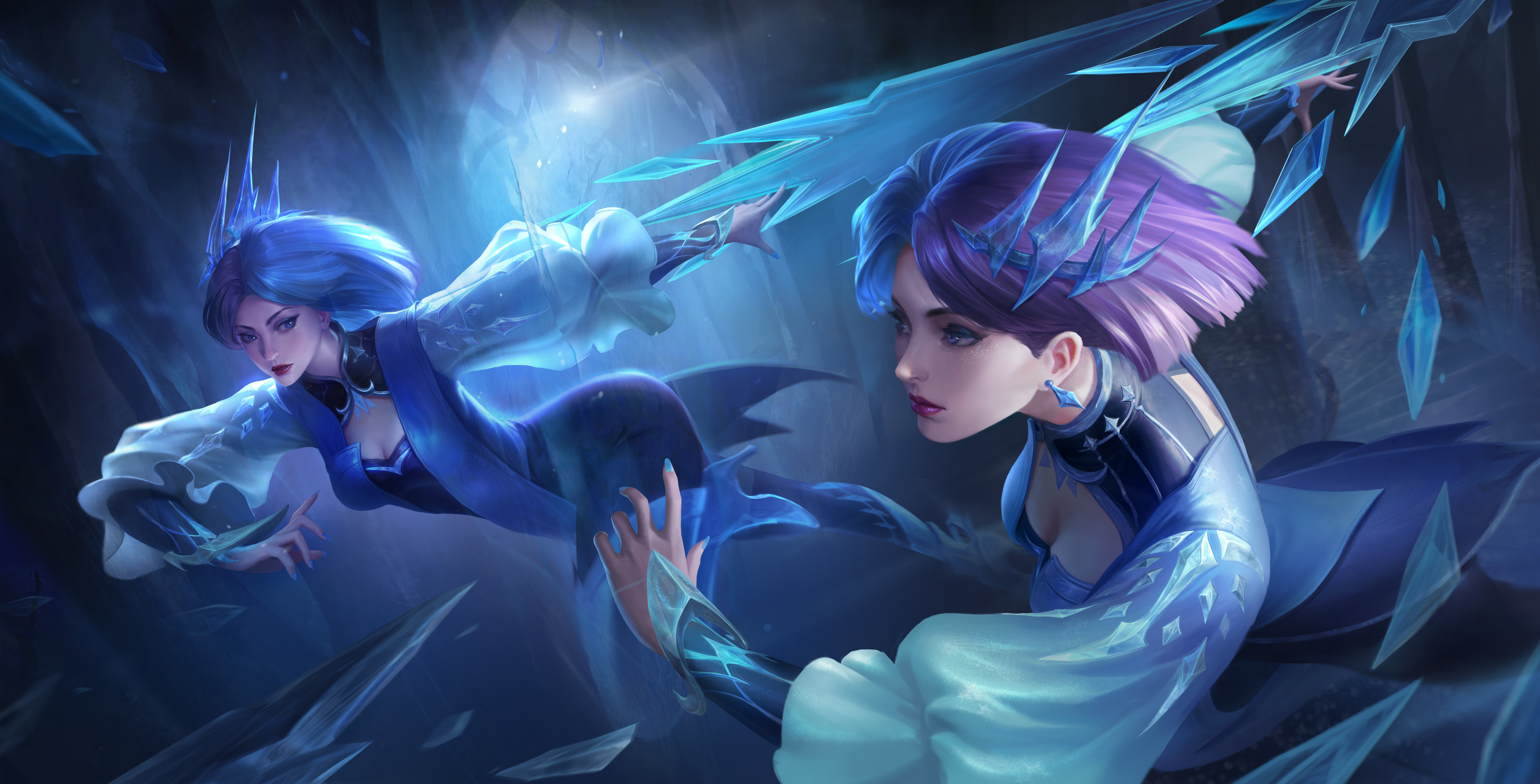 wangzhe rongyao, absurdres, highres, non-web source, official art, 1girl, bell sleeves, blue eyes, blue hair, breasts, cleavage, cleavage cutout, clone, clothing cutout, dongfang jing, earrings, hair ornament, high collar, ice, ice crystal, jewelry, long sleeves, mirror, multicolored hair, official alternate costume, purple hair, reflection, round collar, single earring, solo, spiral staircase, split-color hair, stairs, three-quarter sleeves, two-tone hair, weapon, wide sleeves, window