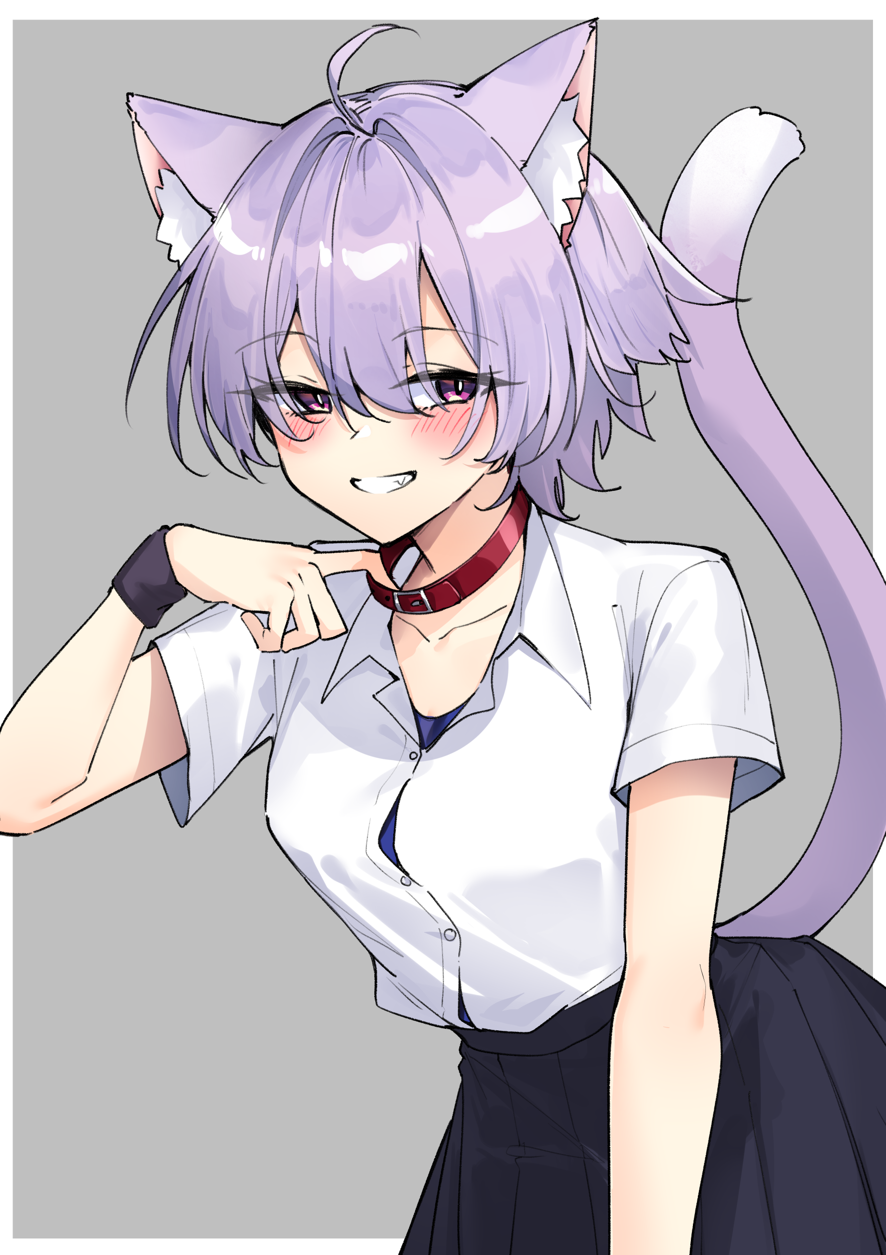 zooanime, yuzuki yukari, voiceroid, absurdres, commentary request, highres, 1girl, :d, ahoge, alternate costume, alternate hairstyle, animal ear fluff, animal ears, black skirt, blush, bright pupils, cat ears, cat girl, cat tail, collar, collared shirt, cowboy shot, grey background, grin, hair between eyes, kemonomimi mode, leaning forward, looking at viewer, open mouth, parted lips, pink eyes, pleated skirt, purple hair, school uniform, shirt, short hair, short sleeves, simple background, skirt, smile, solo, sweatband, tail, white shirt