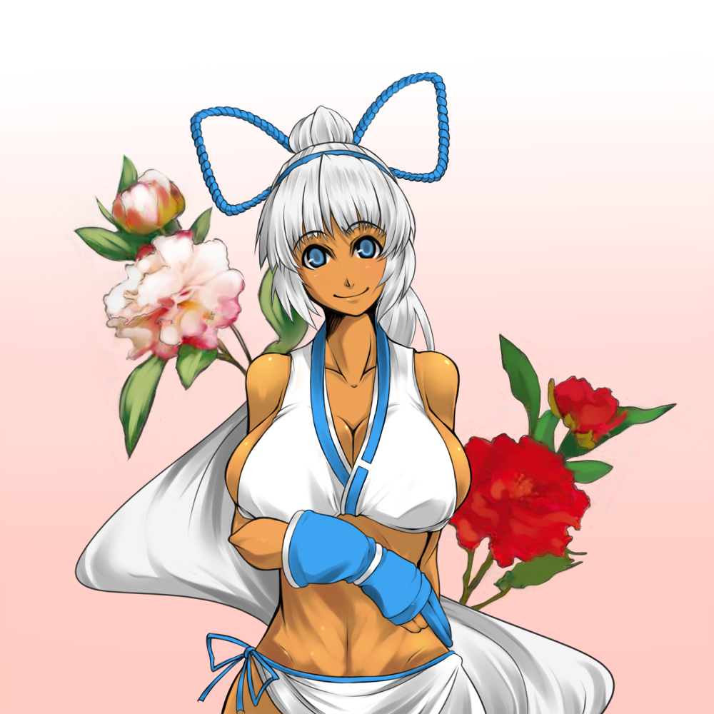 suwi, majikina mina, samurai spirits, snk, 1girl, bow, breasts, cleavage, dark-skinned female, dark skin, female focus, flower, gradient background, high ponytail, huge breasts, long hair, navel, pink background, ponytail, simple background, smile, solo, tan, very long hair, white hair