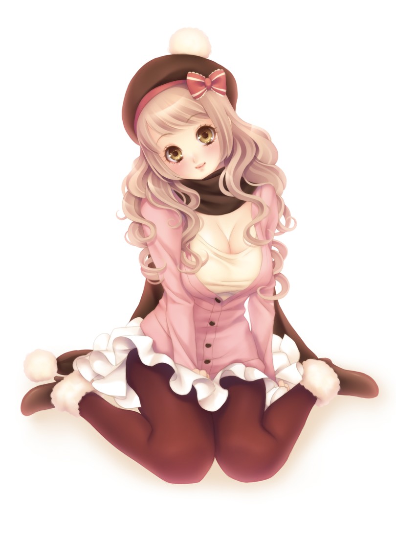 momoi komomo, original, bad id, bad pixiv id, 1girl, blonde hair, blush, breasts, brown eyes, cleavage, female focus, hat, long hair, pantyhose, ribbon, scarf, sitting, solo, wariza, yellow eyes