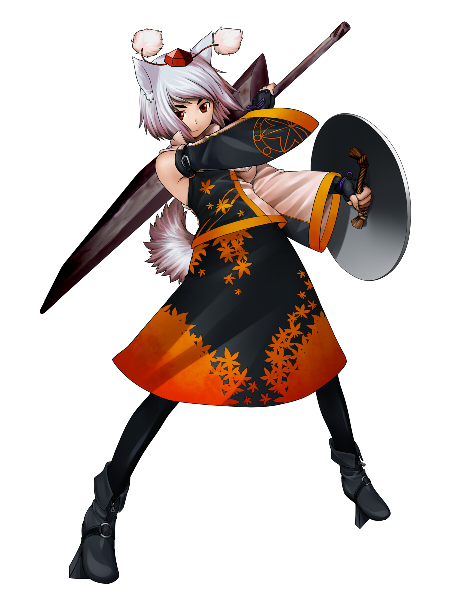 captain freedom, inubashiri momiji, touhou, silver hair, bad id, bad pixiv id, highres, 1girl, adapted costume, alternate costume, alternate weapon, animal ears, bob cut, detached sleeves, female focus, geta, hat, leaf, maple leaf, red eyes, shield, short hair, solo, sword, tail, tengu-geta, tokin hat, weapon, wolf ears, wolf tail