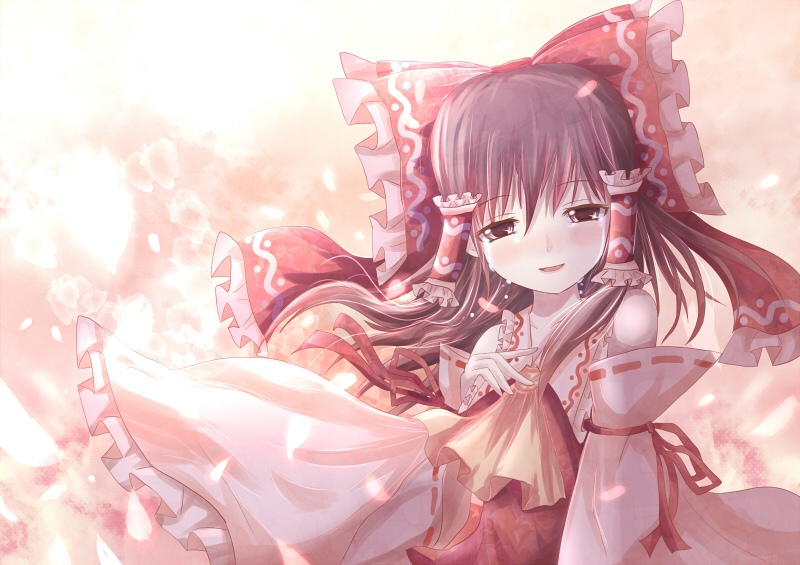 non (nobu), hakurei reimu, touhou, 1girl, black hair, blush, bow, detached sleeves, female focus, hair bow, japanese clothes, miko, open mouth, ribbon, solo, tears, twintails